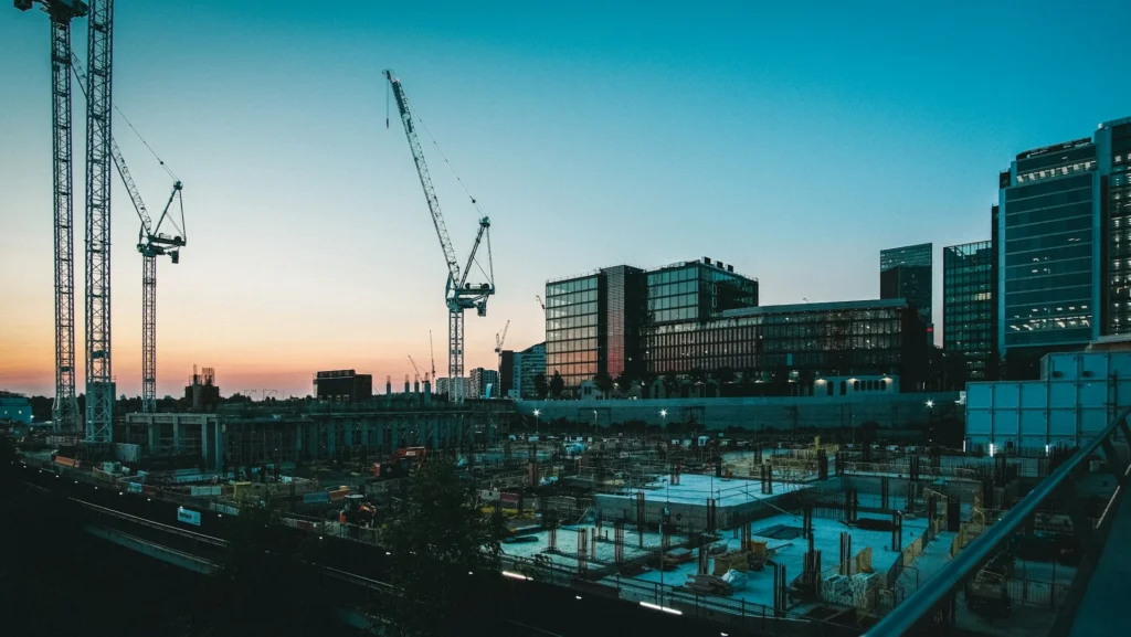 A large building site at dawn.